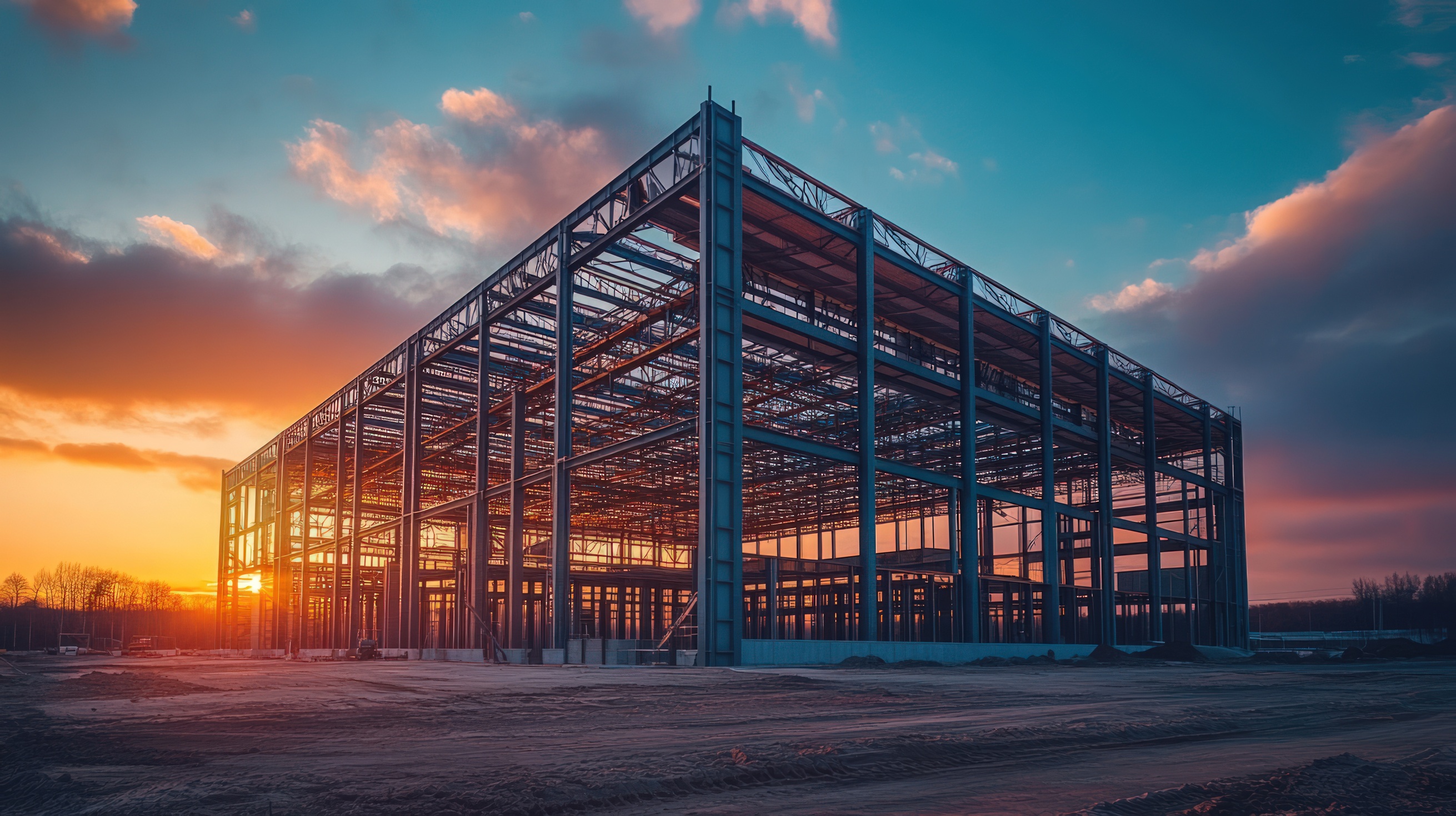 A steel-framed warehouse under construction, with cranes and the sunset in the background. The structure is made of metal beams, steel frames, glass windows, concrete walls, and has an industrial aesthetic. It's located on empty land near a highway.. --ar 16:9 --stylize 250 --v 6.1 Job ID: eb6210f2-4ad1-42d6-acb5-7e4fb3a02a41